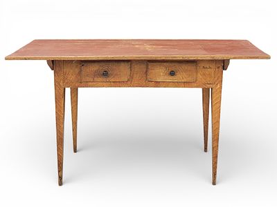 DECORATED WORK TABLE. American, early 19th century, pine. A Hepplewhite farm table with pegged 