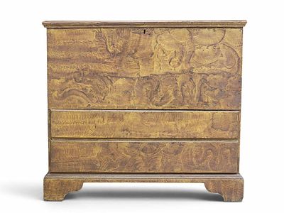 DECORATED MULE CHEST. New England, 1800-1830, pine. Chest over two drawers (that never had 