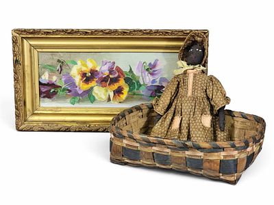 PAINTING, BASKET, & DOLL. American. 19th-early 20th century. Includes a small oil on board of 