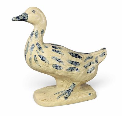 COBALT-DECORATED STONEWARE DUCK. Probably Ohio, late 19th century. Slip-cast duck with good 