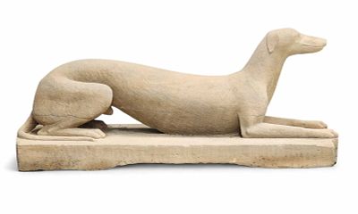 CARVED OHIO STONE DOG. Southern Ohio, mid-19th century, sandstone. Folksy, life-size greyhound 
