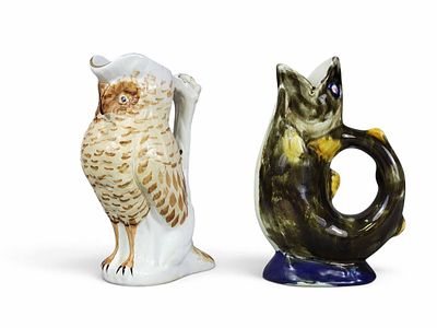 TWO OHIO FIGURAL POTTERY PITCHERS. Morley and Comapny, Wellsville, Ohio, late 19th century. 