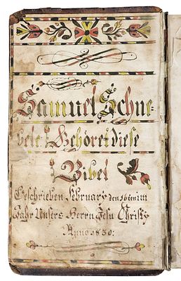 EARLY BIBLE WITH PENNSYLVANIA FRAKTUR BOOKPLATE. Lebanon County, Pennsylvania. Early 19th 