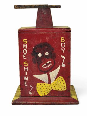 AFRICAN AMERICANA SHOE SHINE BOX. American, 1st half-20th century, pine. Retains its original 