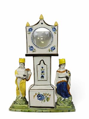 PRATTWARE FIGURAL WATCH HUTCH. English, early 19th century, pearlware. In the form of a longcase 