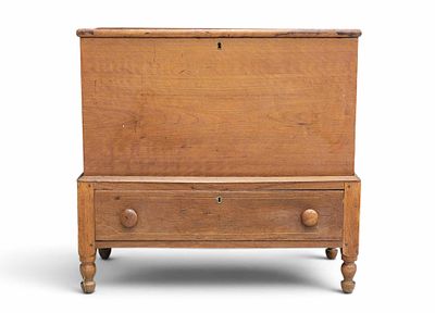INLAID SUGAR CHEST. Probably Kentucky, 1820-1840, walnut and poplar. Divided well over one 
