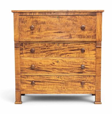 ZOAR, OHIO CHEST OF DRAWERS. Mid-19th century, curly maple and poplar. Large drawer over three 