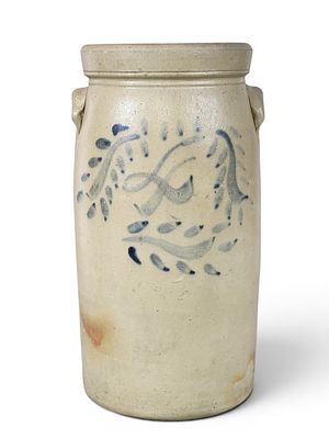 OHIO DECORATED STONEWARE CHURN. Probably Akron area, 3rd quarter-19th century. Four-gallon churn 