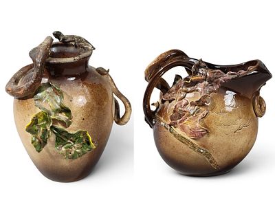 SNAKE JUG VASE & PITCHER BY RICK WISECARVER. Wihoa Art Pottery, Zanesville, Ohio. Buff colored 
