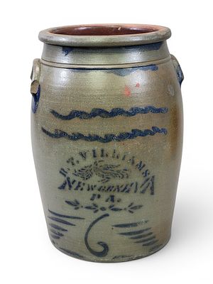 DECORATED WESTERN PENNSYLVANIA STONEWARE JAR. R.T. Williams, New Geneva, 1860-1880. 6-gallon jar 