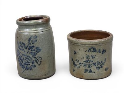 DECORATED STONEWARE CROCK AND JAR. Pennsylvania, 1860-1880. Includes an A. Conrade, New Geneva 