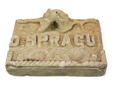 STONE CARVING. Ohio, 19th century. Trunk and "D. SPRAGUE" on a rectangular base. 5.5" high, 11" 