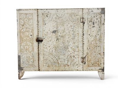 HANGING PIE OR FOOD SAFE. Probably Pennsylvania, mid-19th century, poplar. Punched tins with 