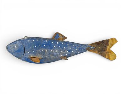 FISH DECOY. Attributed to Minnesota, 20th century. Blue fish with white spots and tin fins. 12" 