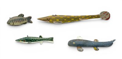 FOUR FISH DECOY. American, possibly Minnesota, 20th century. Includes two pike, a sunfish, and a 