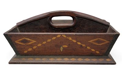 INLAID CUTLERY TRAY. American, late 19th century, mixed woods including walnut. Divided carrier 