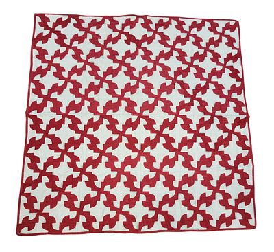 DRUNKARD'S PATH QUILT. American,late 19th-early 20th century, cotton. Red and white 