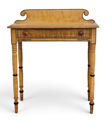 DECORATED DRESSING TABLE. New England, 1820-1840, pine and basswood. Shaped backsplash and one 