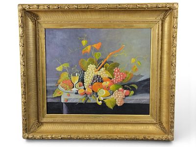 STILL LIFE WITH FRUIT. American, early 20th century, oil on masonite. Colorful composition, with 