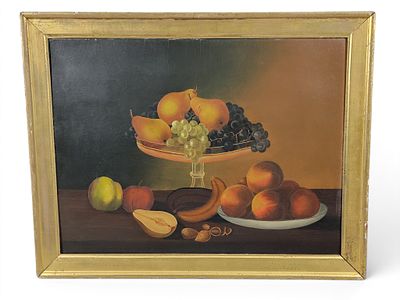 STILL LIFE WITH FRUIT. American, 19th century, oil on Frost and Adams (Boston) academy board. 