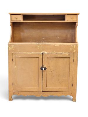 OHIO PAINTED HIGH-BACK DRY SINK. Mid-19th century, poplar. Back with two small drawers, the 