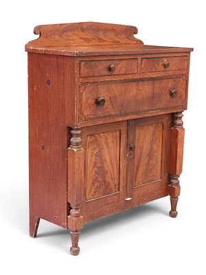 PAINT-DECORATED SERVER. American, 2nd quarter-19th century, poplar. Scrolled backsplash over two 