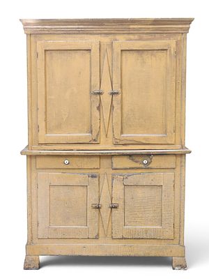 PAINTED STEP-BACK CUPBOARD. Upper Midwest or Canadian, mid-19th century, pine. Two-piece, both 
