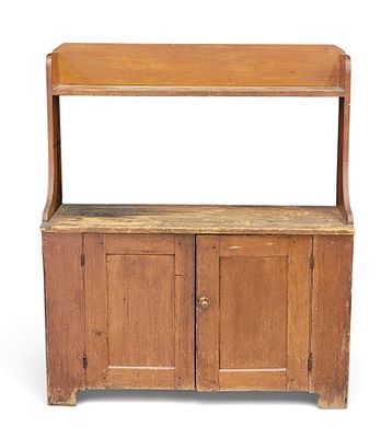 AMERICAN BUCKET OR WATER BENCH. MId-19th century, pine. Shelf over two paneled doors. 48" high 