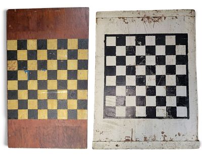 TWO DECORATED GAMEBOARDS. American, 1st half-20th century. Includes a breadboard double-sided 