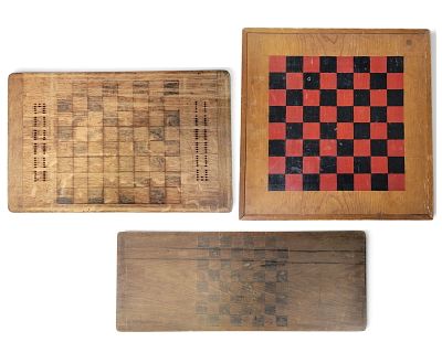 THREE DECORATED GAMEBOARDS. American, early-mid-20th century. All checkerboards, one with holes 