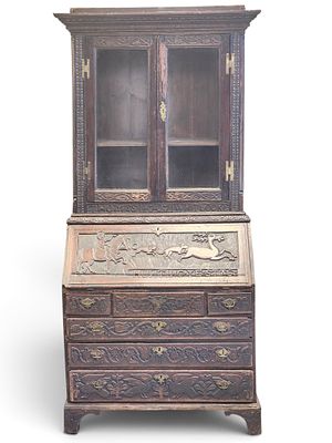 CARVED AND DATED ENGLISH SECRETARY DESK. Oak, dated 1707. Two piece, the bookcase with glass 