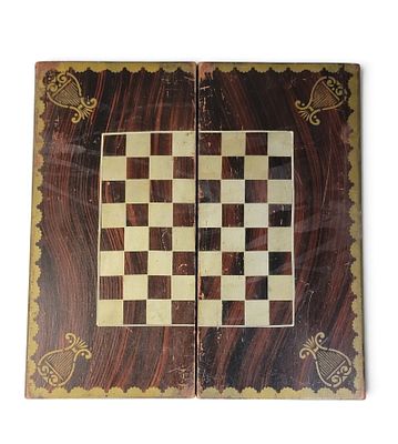 FOLDING PAINT-DECORATED GAMEBOARD. American, late 19th century. Double-sided, folding 