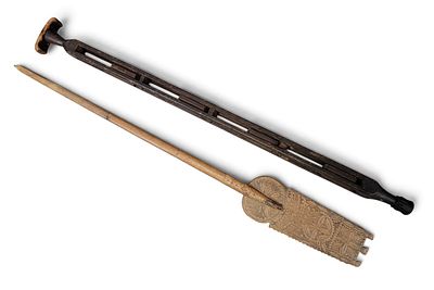 TWO FOLK ART CARVED ITEMS. 19th century. Includes an American walking stick with captured blocks 