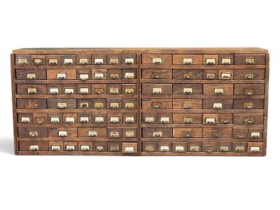 BICYCLE SHOP HARDWARE CABINET. American, early 20th centjry, pine. A double-wide case, with a 
