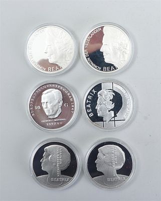 A fine collection of six silver 10 guilder commemorative coins, all delivered in their original 