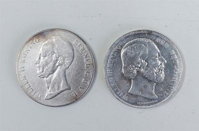 Two Dutch 2&frac12; guilder coins from the 19th century, from the years 1846 and 1872.