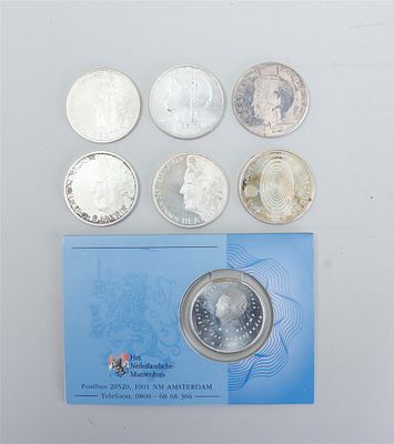 Collection of seven Dutch 10 guilder commemorative coins, minted in silver. These coins were 