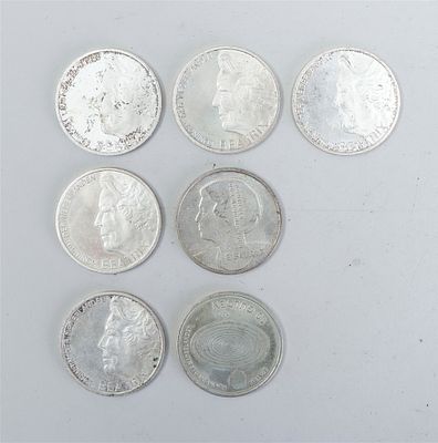 Collection of seven Dutch 10 guilder commemorative coins, minted in silver. These coins were 