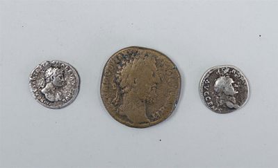 Collection of three Roman coins, including Petraea Bostra and Faustina the Younger.