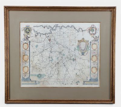 Map engraving hand-coloured Brabantiae by H.G. Blaue ca 1650 with coats of arms cartouches of 
