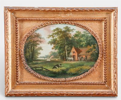 Dutch School, 19th century, Landscape with cattle near a farmhouse with figures in front, oil 
