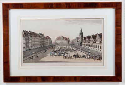 Antique hand-colored aquatint “Grand Entry of the Allied Sovereigns into Leipsich, 1813 – From 