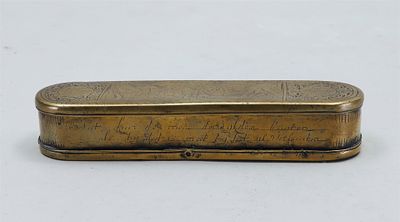 Copper tobacco box with Biblical depictions. Front: Crucifixion, back: Descent from the Cross; 