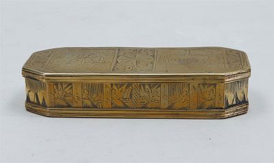 A Dutch, 18th-century, copper tobacco box with Old Testament scenes from the life of Joseph on 