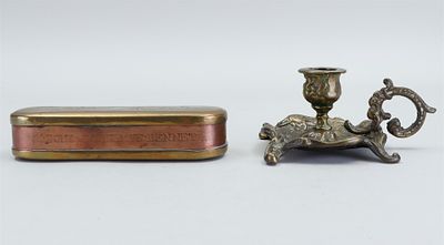 A lot consisting of a copper tobacco box with the inscription "Joseph Thorley", and on the 
