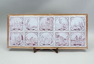 Table panel consisting of ten framed manganese tiles with various Biblical scenes. Delft, 18th 