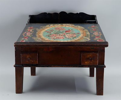 A 19th-century table lectern with later folk art decoration on the top. 45 x 45 x 45 cm.