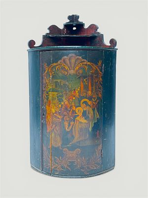 Softwood Ameland corner cabinet with a round door painted with a depiction of the Nativity of 