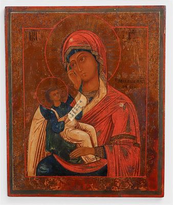 An Eastern Orthodox icon depicting the Mother of God of Vladimir, ca. 1800. 43 x 36.5 cm.