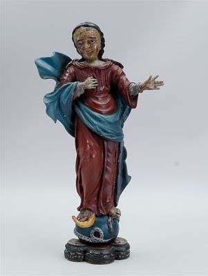 A polychrome wooden statue of a saint depicting the Immaculate Conception. Presumably Spanish 
